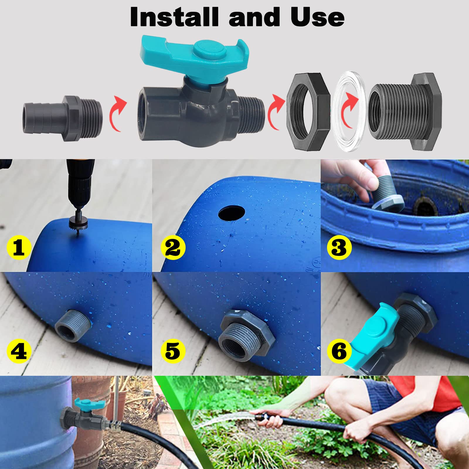 Kit de grifo de PVC para barril de lluvia, kit desviador de barril de agua con accesorio de mamparo, válvula de bola, manguera de jardín (adaptador de 16 mm), abrazaderas de tubería, cinta de