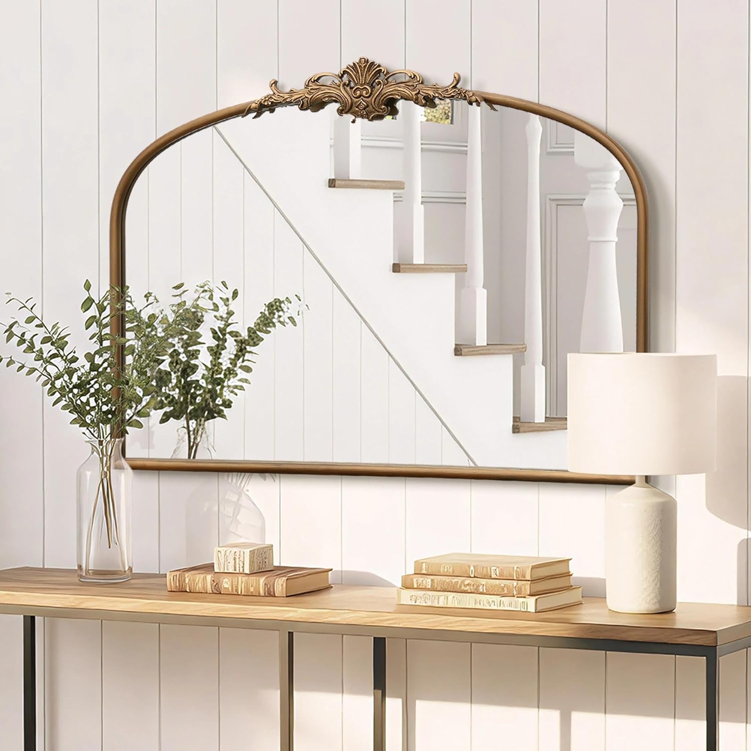 Besdomus Vintage Arched Gold Mirror: 32"x24" Large Gold Vintage Wall Mounted Mirror - Baroque Traditional Ornate for Bedroom/Fireplace/Bathroom/Hallway - Wall Decor for Fashion-Conscious