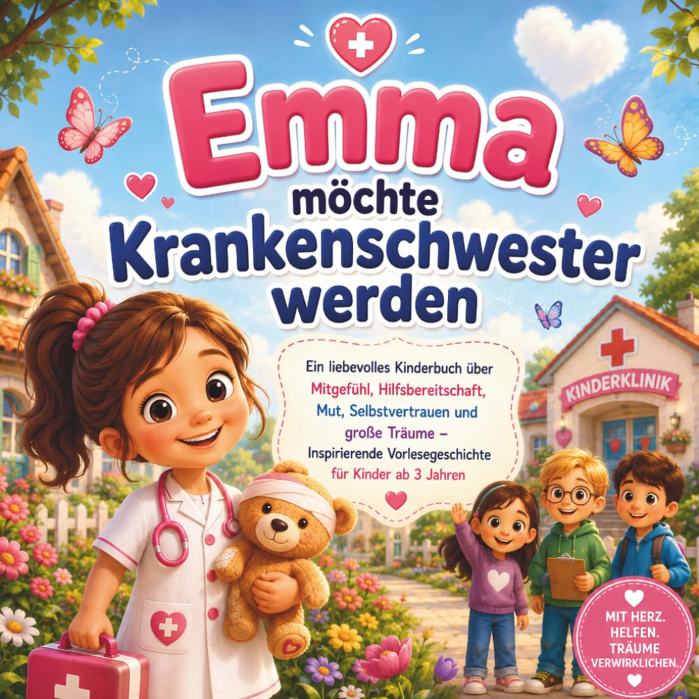 Emma möchte Krankenschwester werden: Kunterbunte großes ein liebevolles Kinderbuch über Mitgefühl, Hilfsbereitschaft, Mut, Selbstvertrauen und große ... Vorlesegeschichte für Kinder ab 3 Jahren
