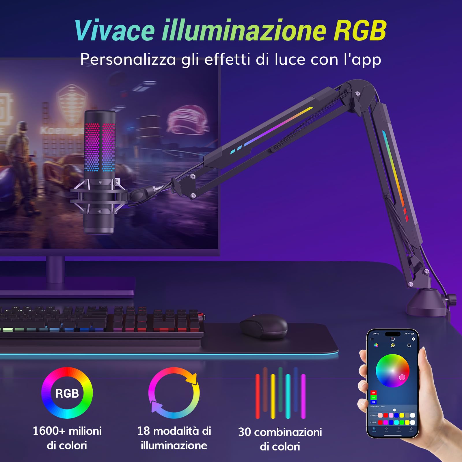 TONOR Braccio per Microfono con RGB, Braccio per Microfono con Morsetto per Montaggio su Scrivania, Modalità RGB con Controllo Tramite App, Gestione Cavi, per Streaming, Giochi, Studio, T20S