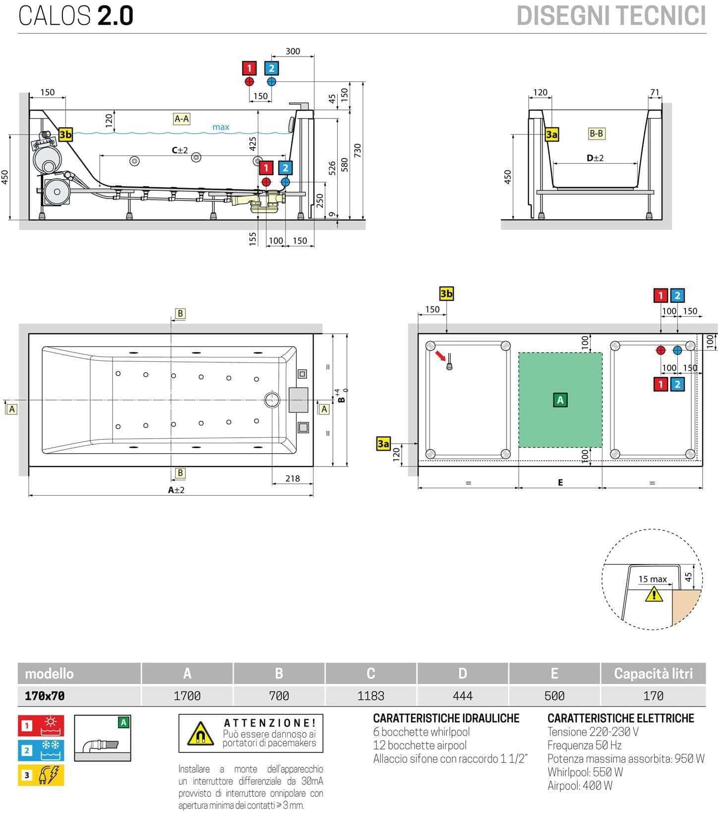 Novellini Calos 2.0 Wanna Hydro Plus Boczna Woda 6 Jet Dezynfekcja Airpool 12 dysz 170 x 70 cm Odwracalny Prostokątny 2 Panele Akrylowy Biały Błyszczący Kolumna Bateria Wyświetlacz Poduszka