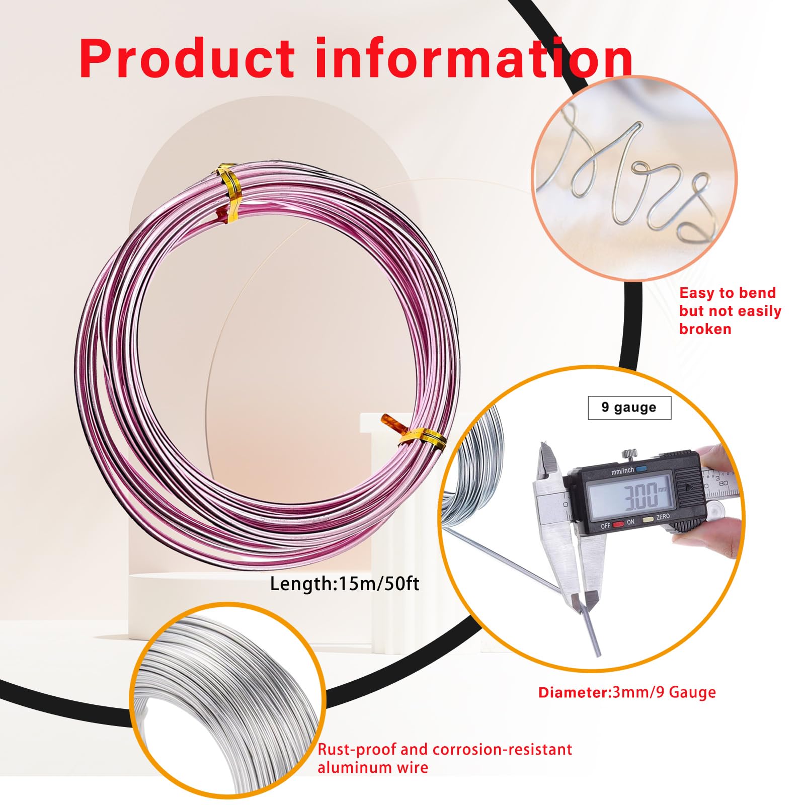 9 Gauge 3mm Pink Aluminum Craft Wire,50 Ft/15m Bendable Metal Crafting Wire for Sculpting,Bike Modelling Skeleton Crafting Floral Making Wire,Jewelry Making Wire,Binding Wire Xmas Wreath Wire - Image 2