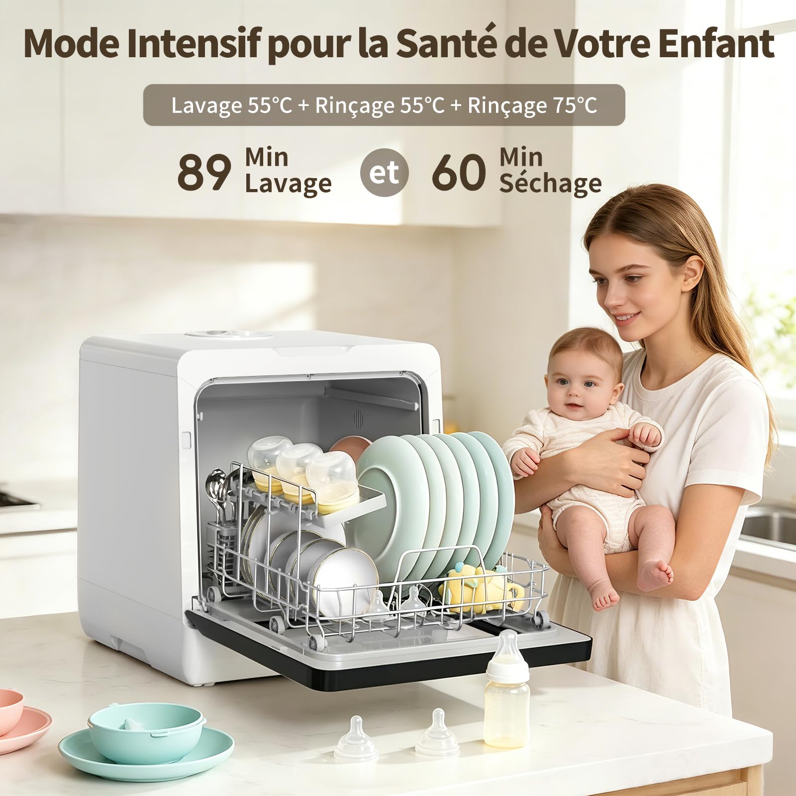 Mini lave-vaisselle de table 950 W, 3 couverts, 5L réservoir amovible, 7 programmes, 72 °C, écran LED tactile