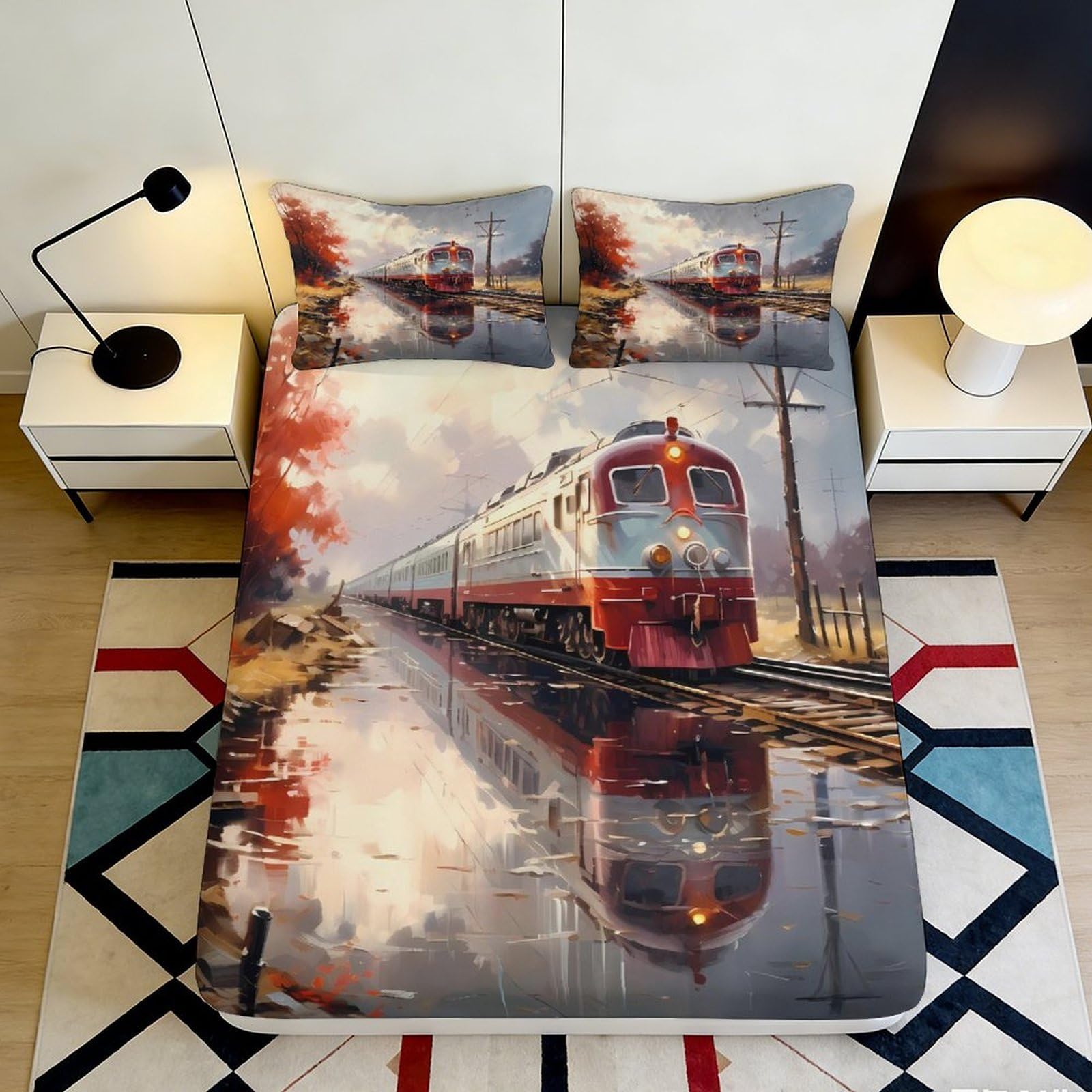 3D Printed Train Scenery Fitted Sheet Microfiber Deep Pocket Bedroom Bedding Set Train Scenery Mattress Fitted Cover Elastic Hem Washable 200x200x25cm