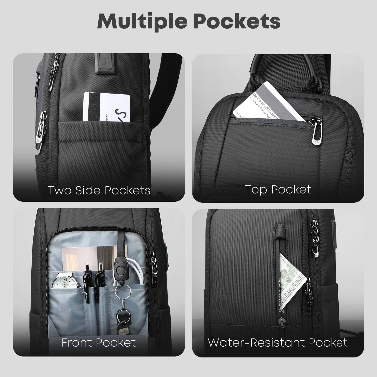 Sac Bandoulière pour Homme avec Port de Chargement USB, Antivol et étanche, Sac de Poitrine, Sac à dos à Bandoulière avec Multiples poches pour Voyages travail et Quotidien – Noir