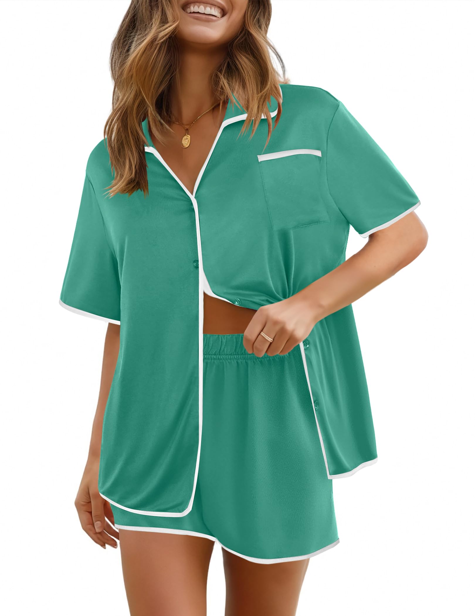 Ekouaer Pajamas Set for Women Short Sleeve Casual Sleepwear Button Down Pj Sets Shorts Soft Loungewear for Summer,S-XXL
