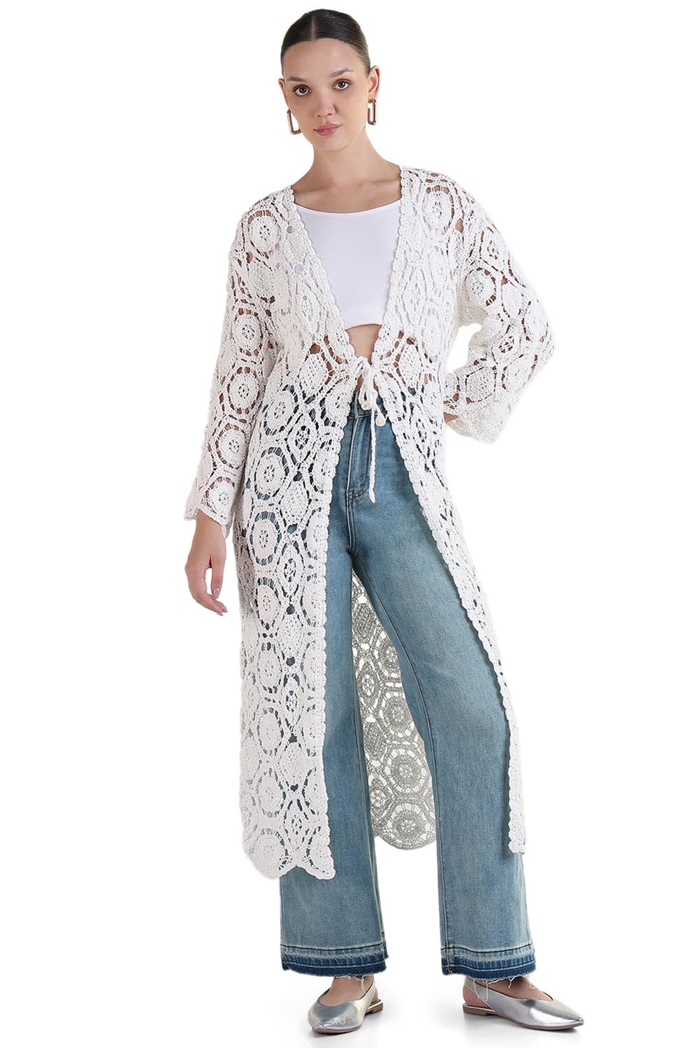 SHOWOFF Women's Self Design White Longline Crochet Shrug-CHN-9337_White-image-41