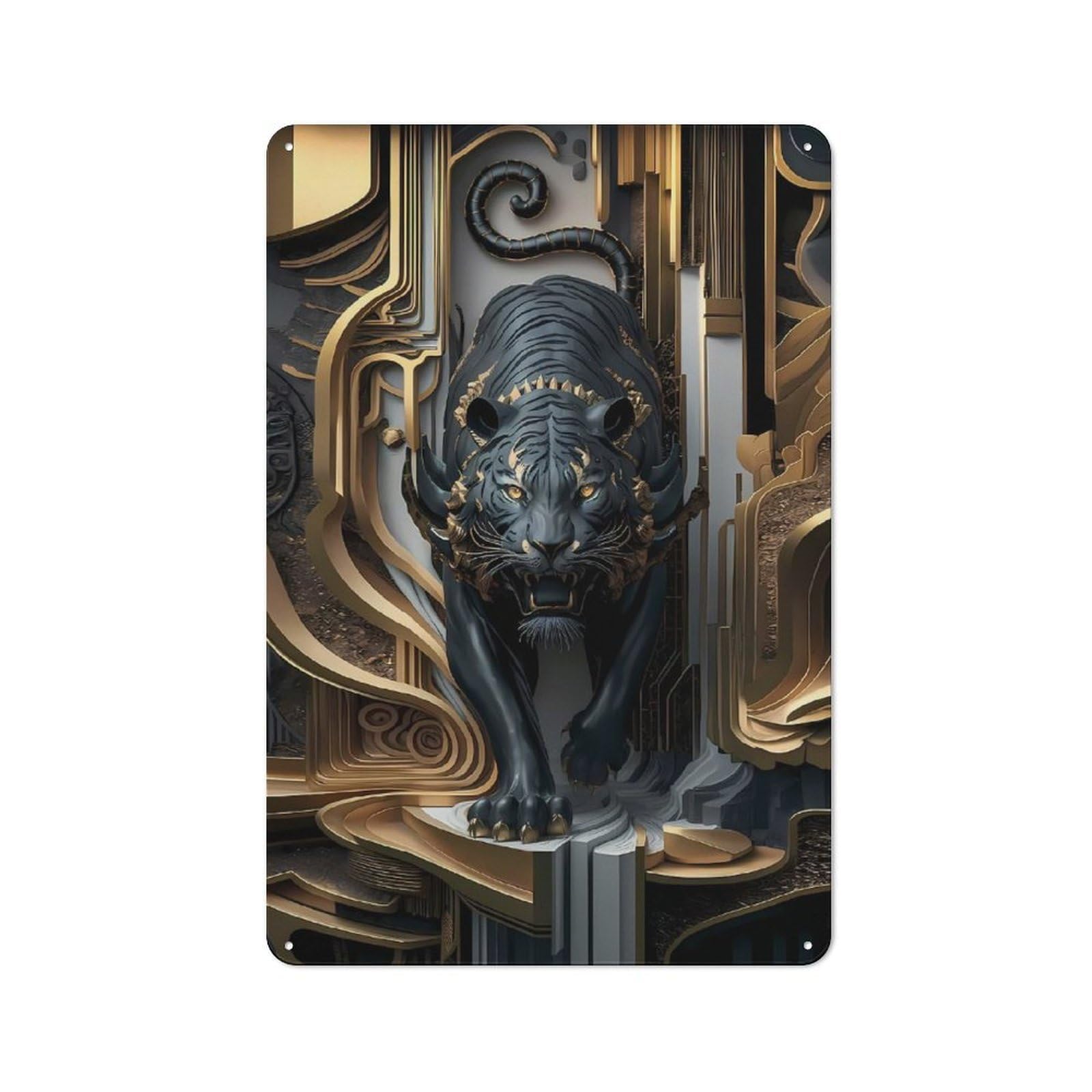 Junmoney Style-23 Black Gold Tiger Realm Industrial-Style Tin Sign 30X20cm For Café Or Home Bar, For Cooler-Month Interiors With Industrial Character
