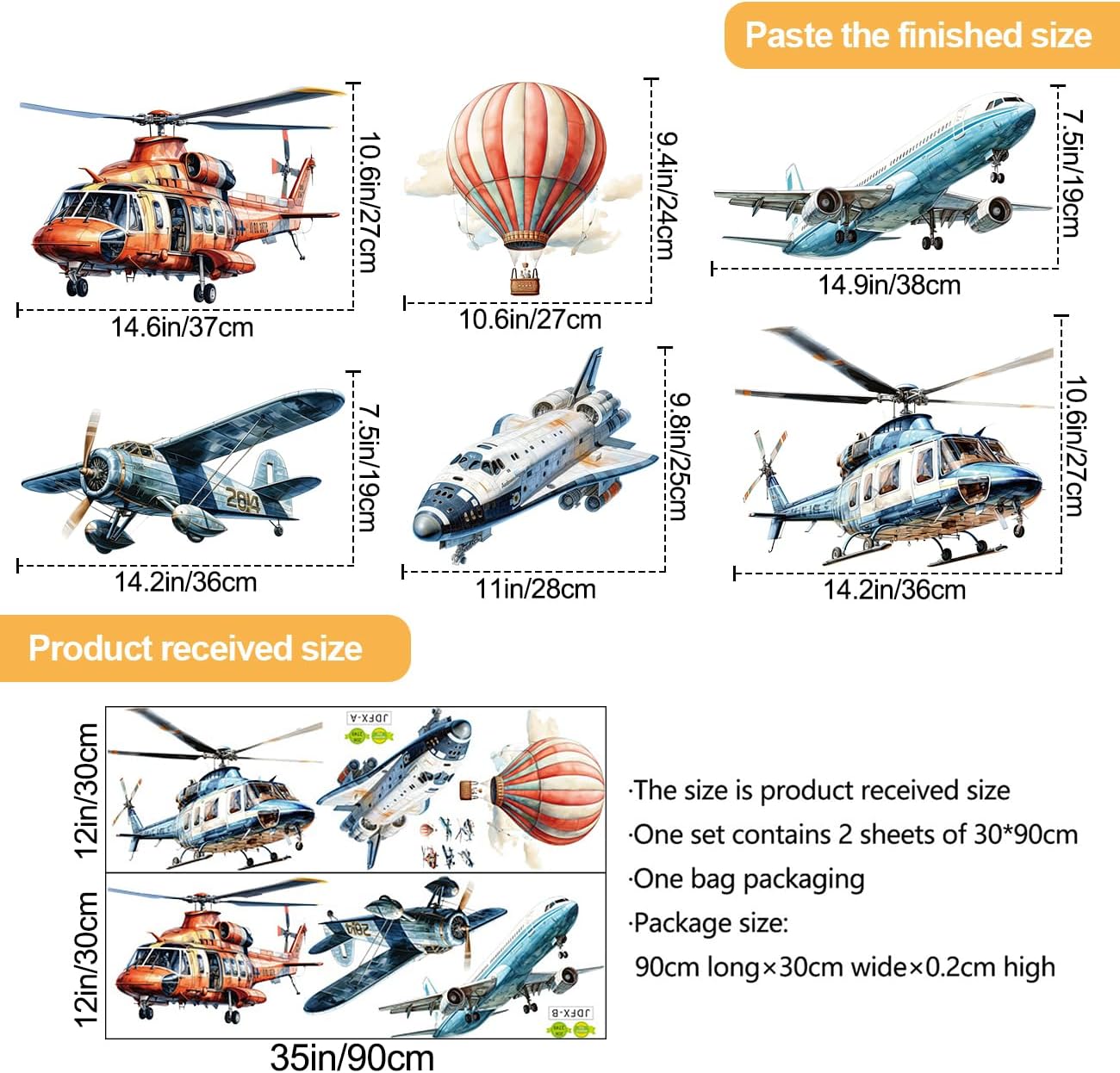 RW-JDFX Removable Cartoon Watercolor Airplane Wall Decals DIY Peel and Stick Helicopter Jet Aircraft and Hot Air Ballon Wall Stickers Motorized Flight Wall Decor for Boys Baby Bedroom Nursery image 2