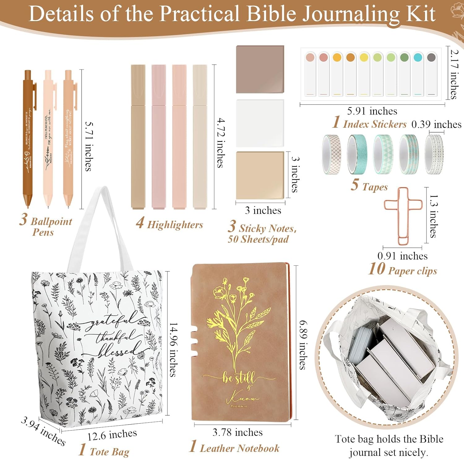 29 Pcs Bible Journaling Kit, Christian Glass Cup Canvas Bag Leather Notebook Highlighters and Pens Sticky Notes Tapes Paper Clips Bible Study Supplies for Mother Day Religious Gifts(Yellow)