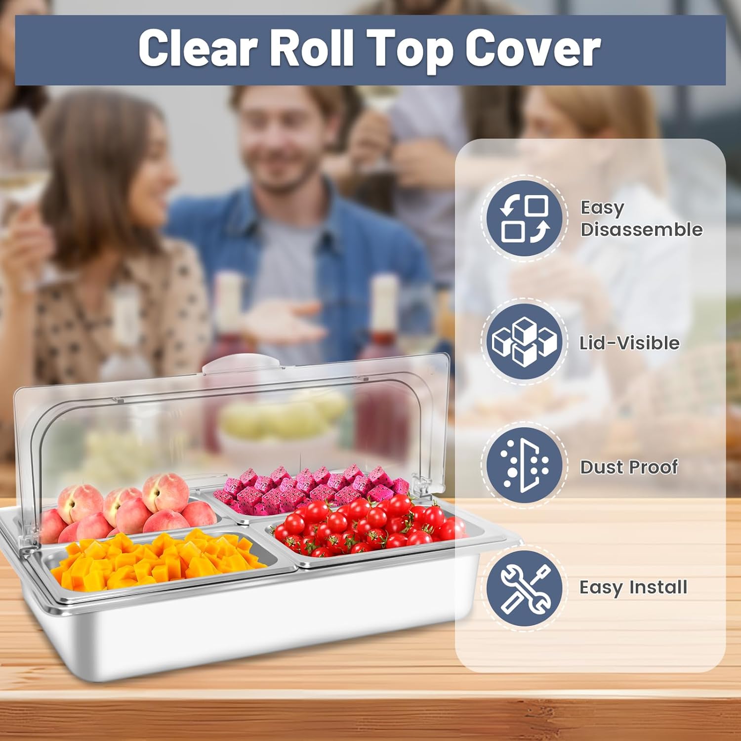 Countertop Ice Food Serving Display Tray with 4 Pan, Salad Bar Buffet Station for Home, Cold Food Buffet Server, Pizza Topping Station, Cold Buffet Table Serving Station for Party