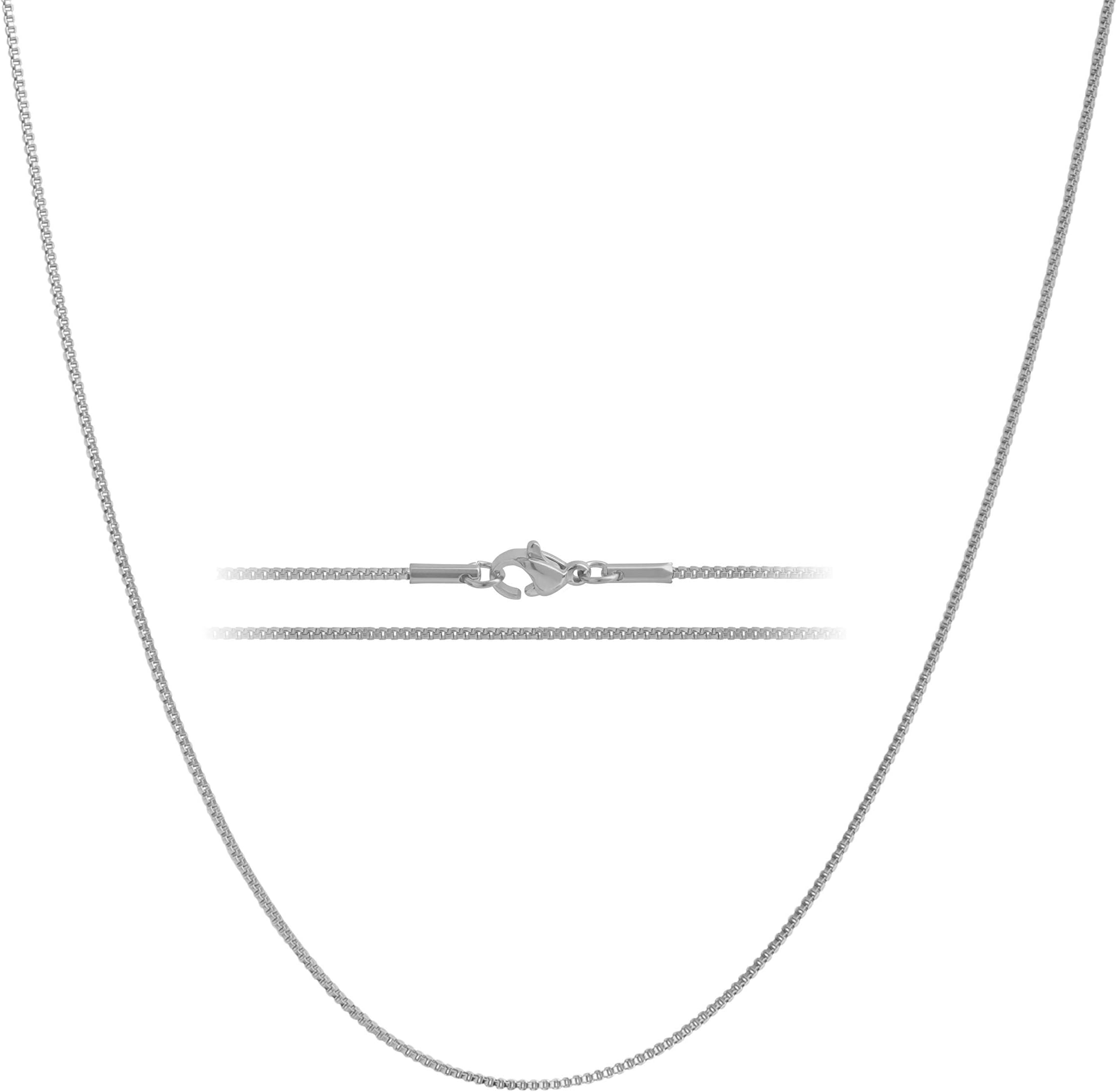 24k White Gold Box Chain Necklace – Thin, Dainty, White Gold Plated Stainless Steel Chains for Women & Men with Lobster Clasp