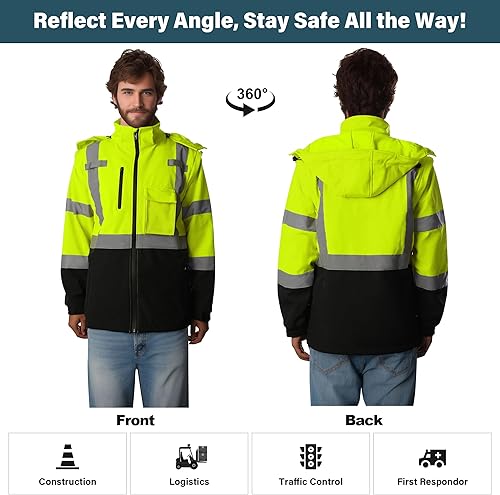 Miniatura 6 de SHORFUNE Chaqueta de seguridad de alta visibilidad, chaqueta bomber reflectante impermeable y resistente al viento, Amarillo oscuro