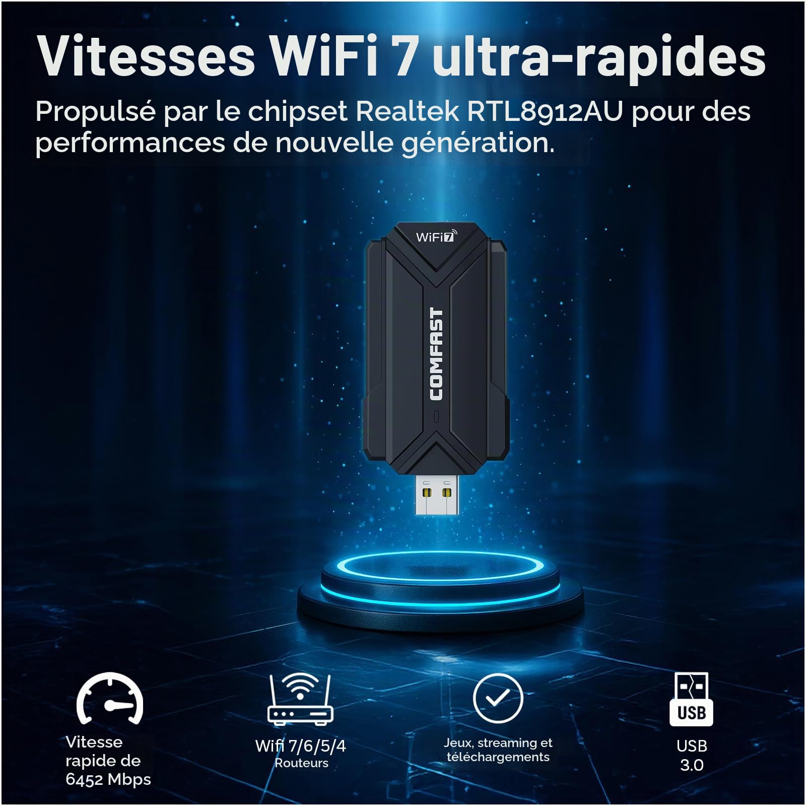 Clé WiFi 7 Adapteur Puissante BE6500 par MMOBIEL – Tri-Bande (6/5/2.4GHz) 6452 Mbps USB 3.0 WiFi avec Antenne Externe, WPA3, 4K-QAM, Plug & Play - pour Windows 11/10/Mac/Linux PC & Laptop Portable