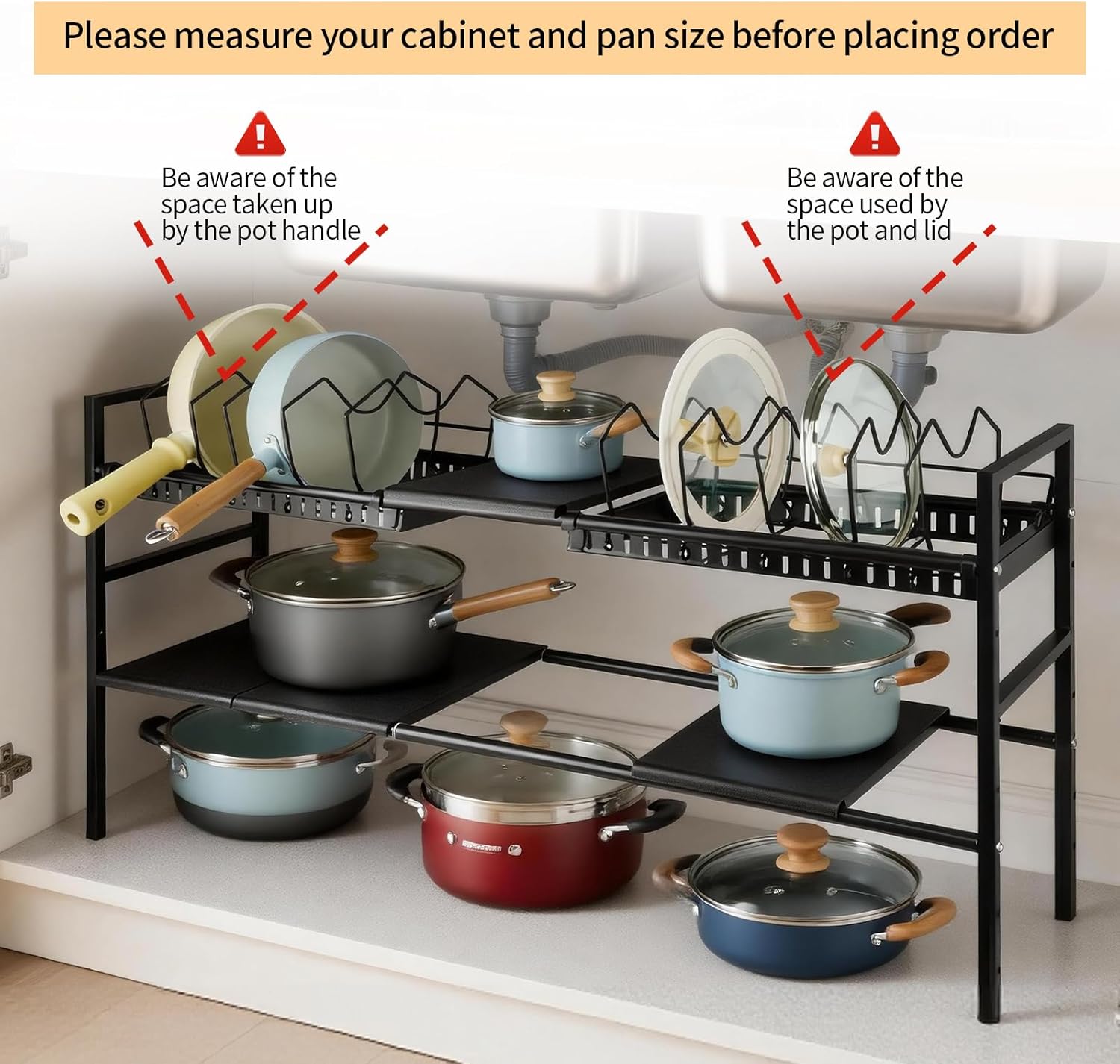 Pots and Pans Organizer Under Cabinet, Expandable Length, Adjustable Height Under Sink Shelf 2 Tier with 10 Dividers Under Cabinet Shelf, Pot and Pan Lid Holder Rack (Black)