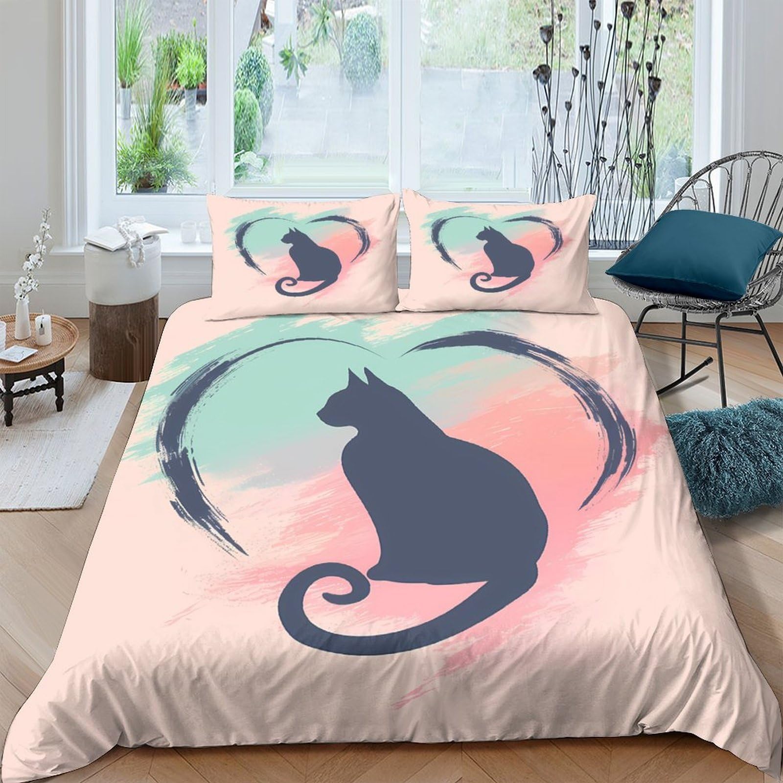 Ctjqhvkz Style-4 3D Printed Cat Silhouette Fitted Sheet Microfiber Soft Anti-Slip Pastel Artistic Bed Cover For Bedroom Guest Room Single（135X200cm）