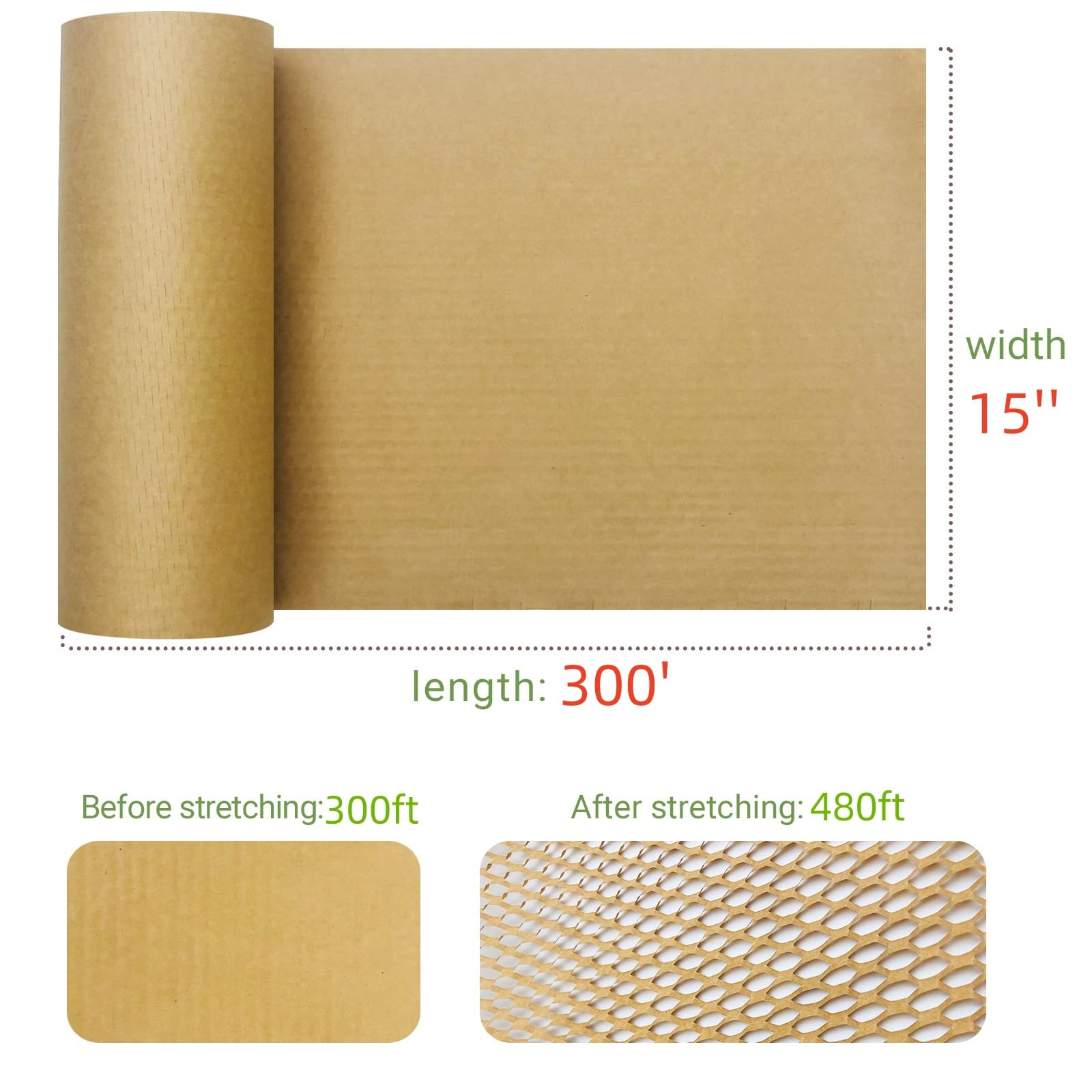 Papel de embalaje de panal, papel de embalaje de 15 x 300 pies, envoltura acolchada de burbujas para envíos en movimiento, material de embalaje acolchado reciclable y biodegradable con 10