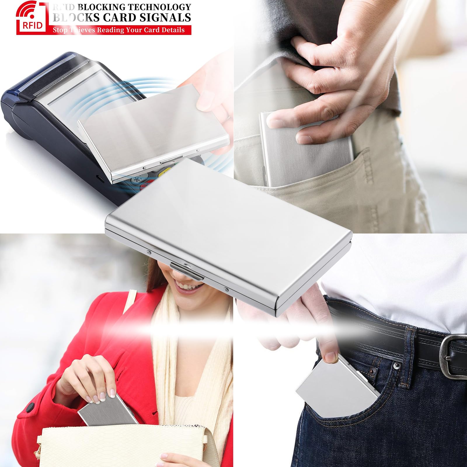 Etui na Karty Kredytowe, Wąski Portfel z Blokadą RFID, Modny Design i Artystyczne Wzory, Metalowy Portfel na Karty Kredytowe, dla Mężczyzn i Kobiet. (6 Kart/Srebra/K)