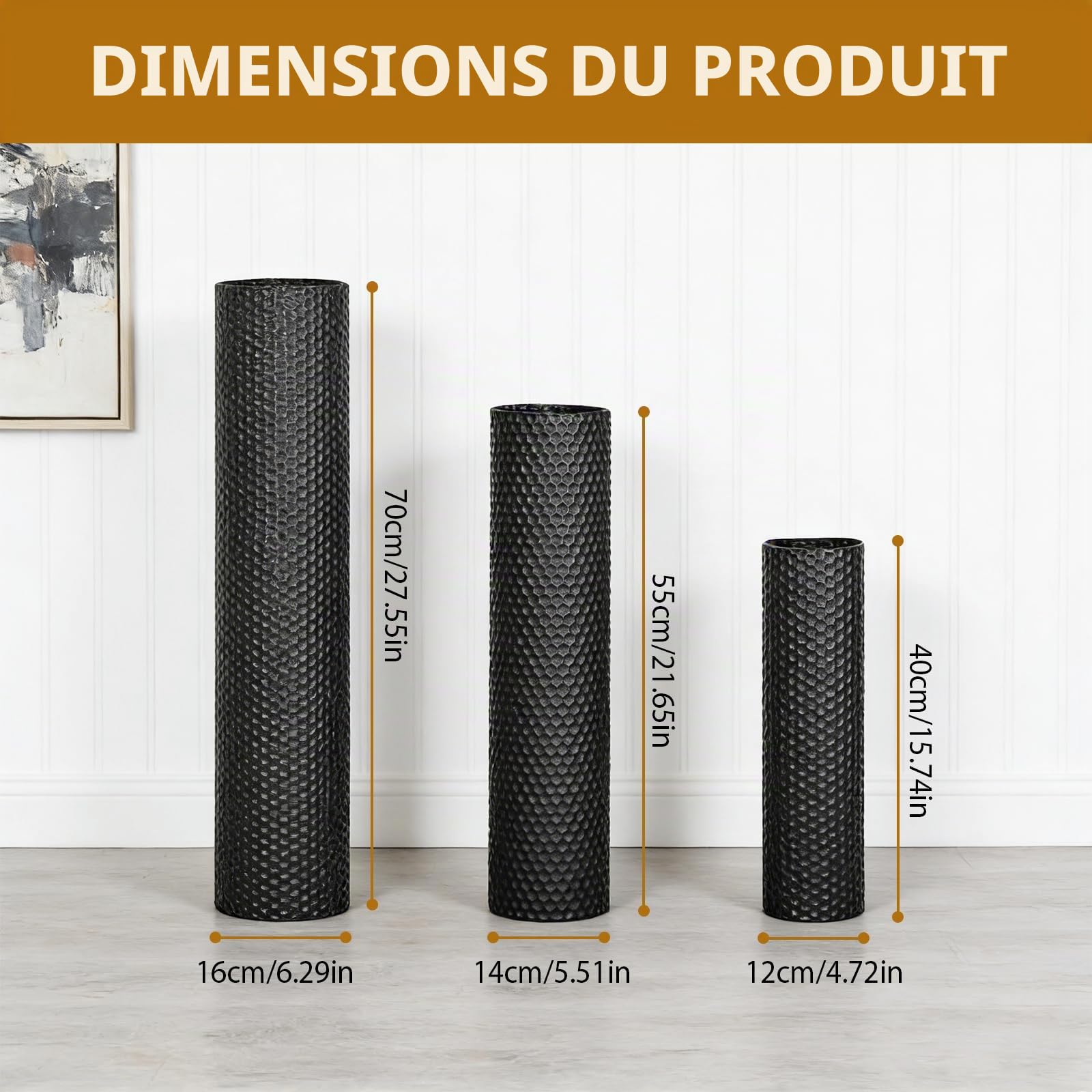 Vase au sol grande en métal vase noire, ensemble de 70/55/40 cm de hautes vases au sol, ensemble de vases de décoration élégantes de texture alvéolaire moderne, grande vase mate de 3 pièces pour salon