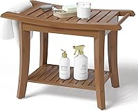 Vista 8 de Banco de ducha de bambú en el interior del taburete de ducha con estante de almacenamiento de espacio eficiente, sillas de ducha de baño, asientos