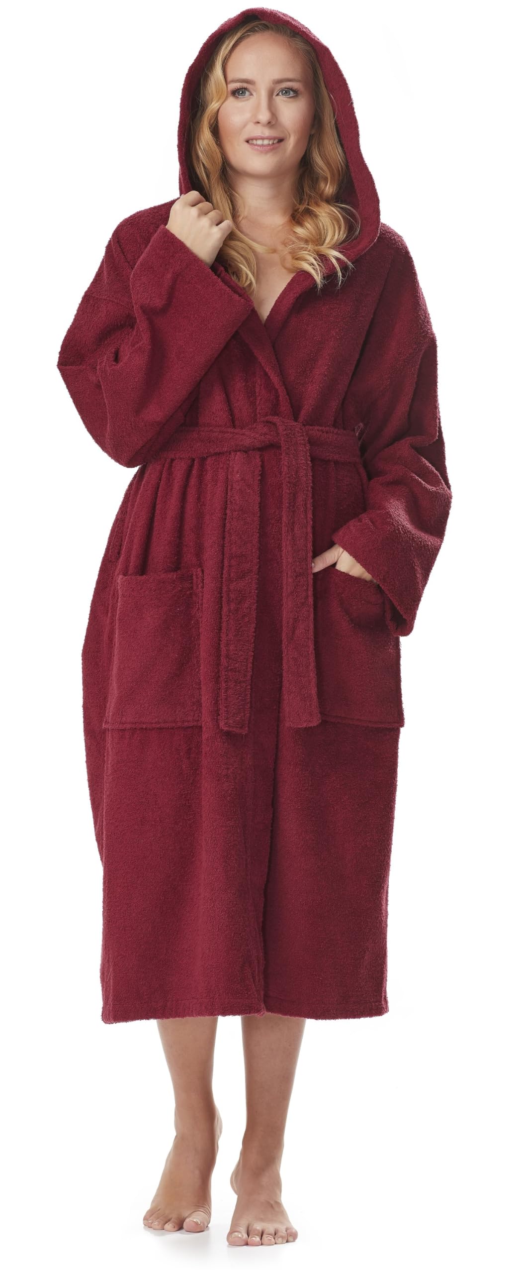 ARUS Szlafrok Damski z Kapturem Bawełna Frotte Wygodny do Łydki | 100% BAWEŁNA FROTTE (380 G/M²) – Chłonny, miękki i oddychający materiał z certyfikatem OEKO-TEX