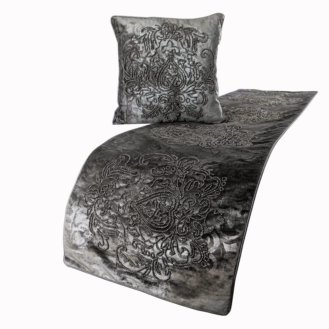 Decorative Designer Handmade Bed Runner without Cushion Cover, 225 x 45 cm Damask Designer King Size Bed Scarf in Foil Velvet and Embroidery Bed Linen Foot Warmer Home & Living - Foil Damask