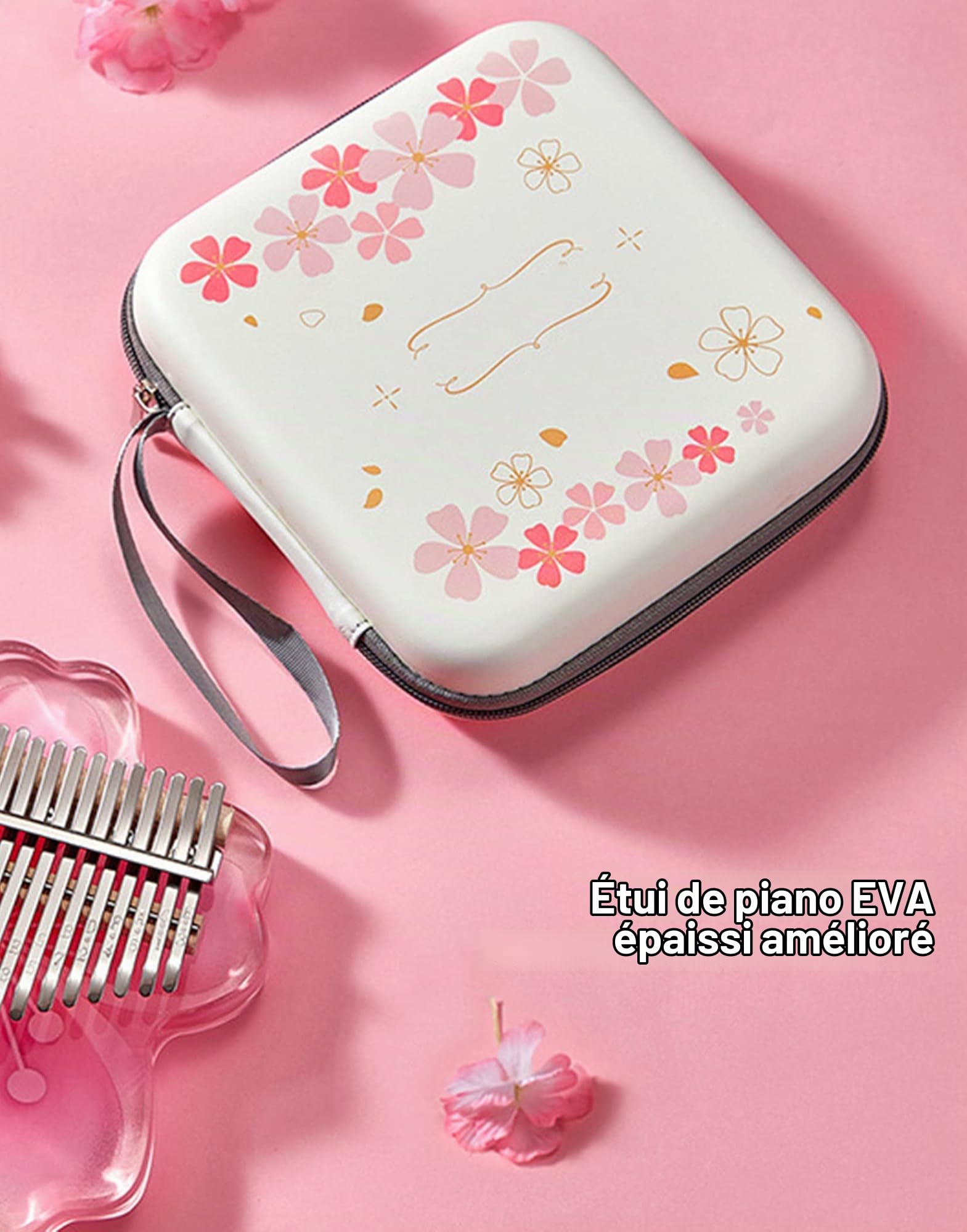 BOTOWI Kit Complet de 21 Touches de Kalimba Transparent, Kalimba Cristal Transparent 17 Touches avec étui de Protection EVA, Instruments de Musique Professionnels Cadeau de Noël,Pink 17 Keys
