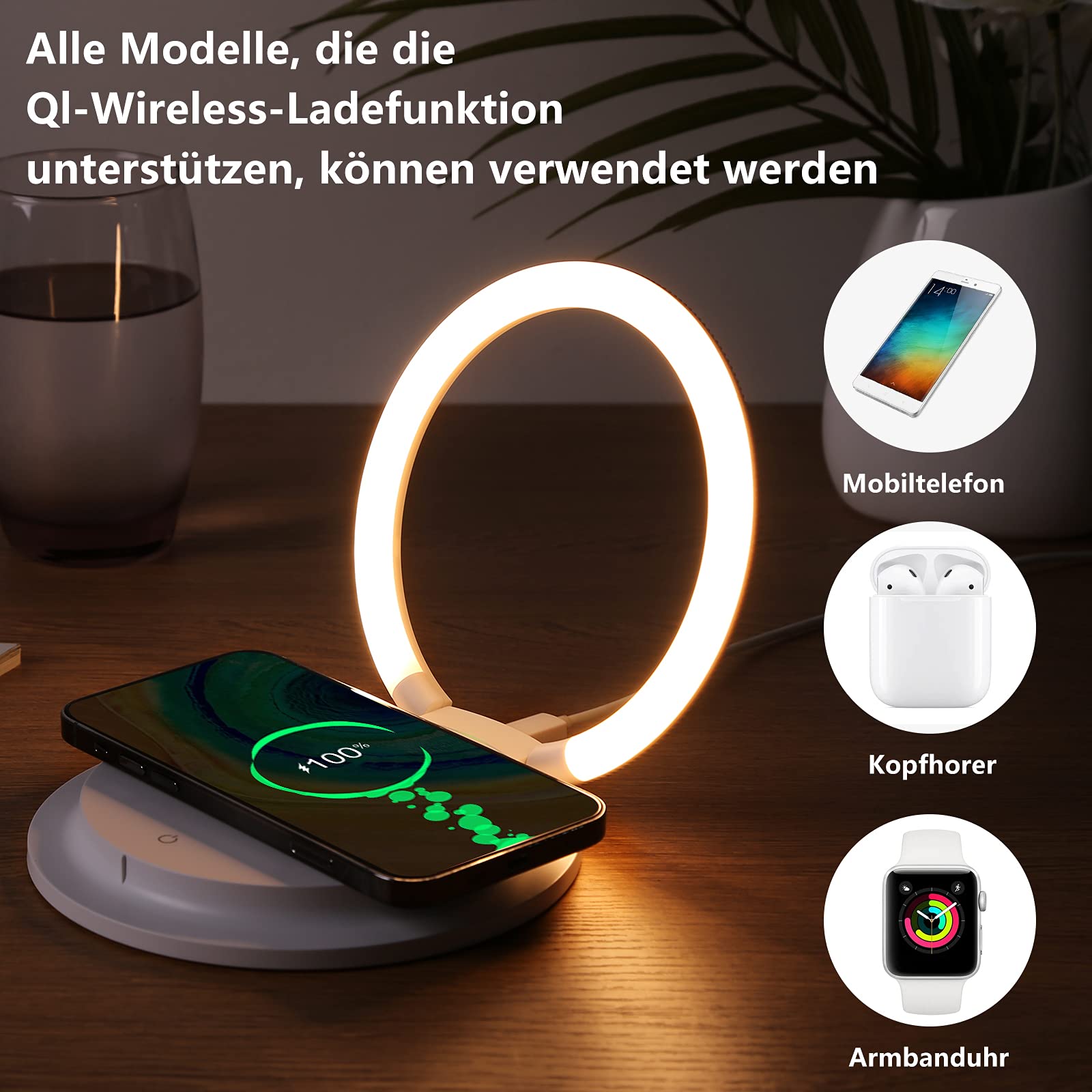 HTU Lampada da comodino a LED Touch dimmerabile con caricatore senza fili, moderna lampada da scrivania con 3 livelli di luminosità per bambini, luce notturna con supporto USB per cellulare