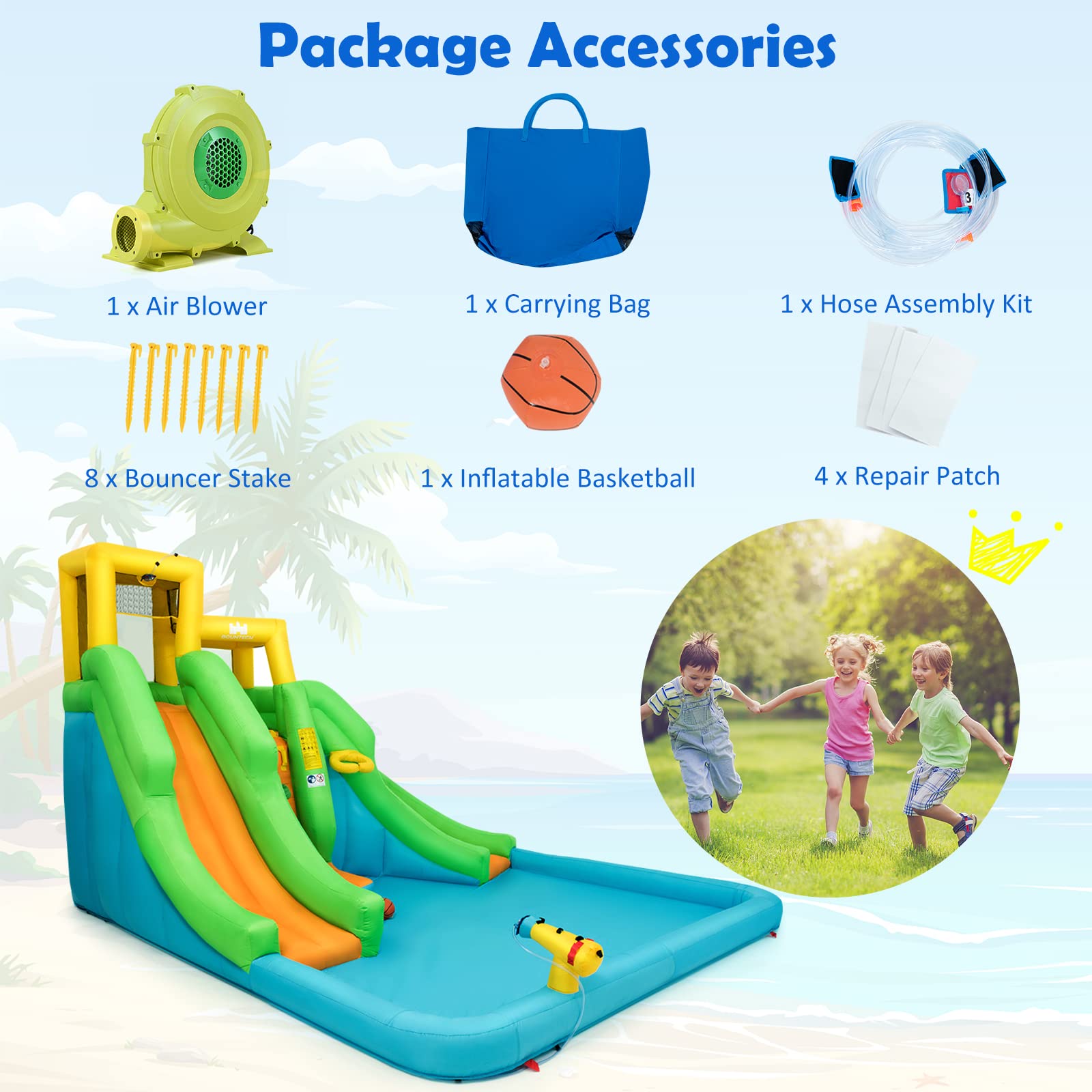 Package accessories including air blower, carrying bag, bouncer stakes, repair patches, hose assembly kit, and inflatable basketball.