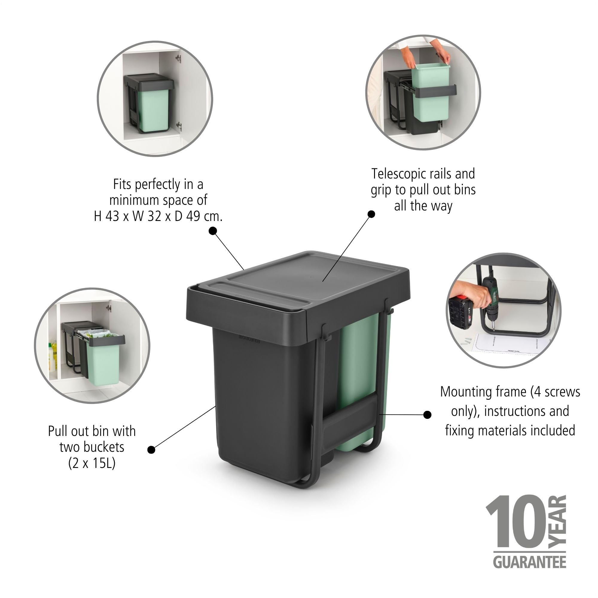 Brabantia Sort & Go Ausziehmülleimer | 2 x 15 l Einbaumülleimer für die Unterschranktür | Integrierte Doppel-Mülltrennungseinheit, leichtgängige Schiene, herausnehmbarer Inneneimer | Grey & Green