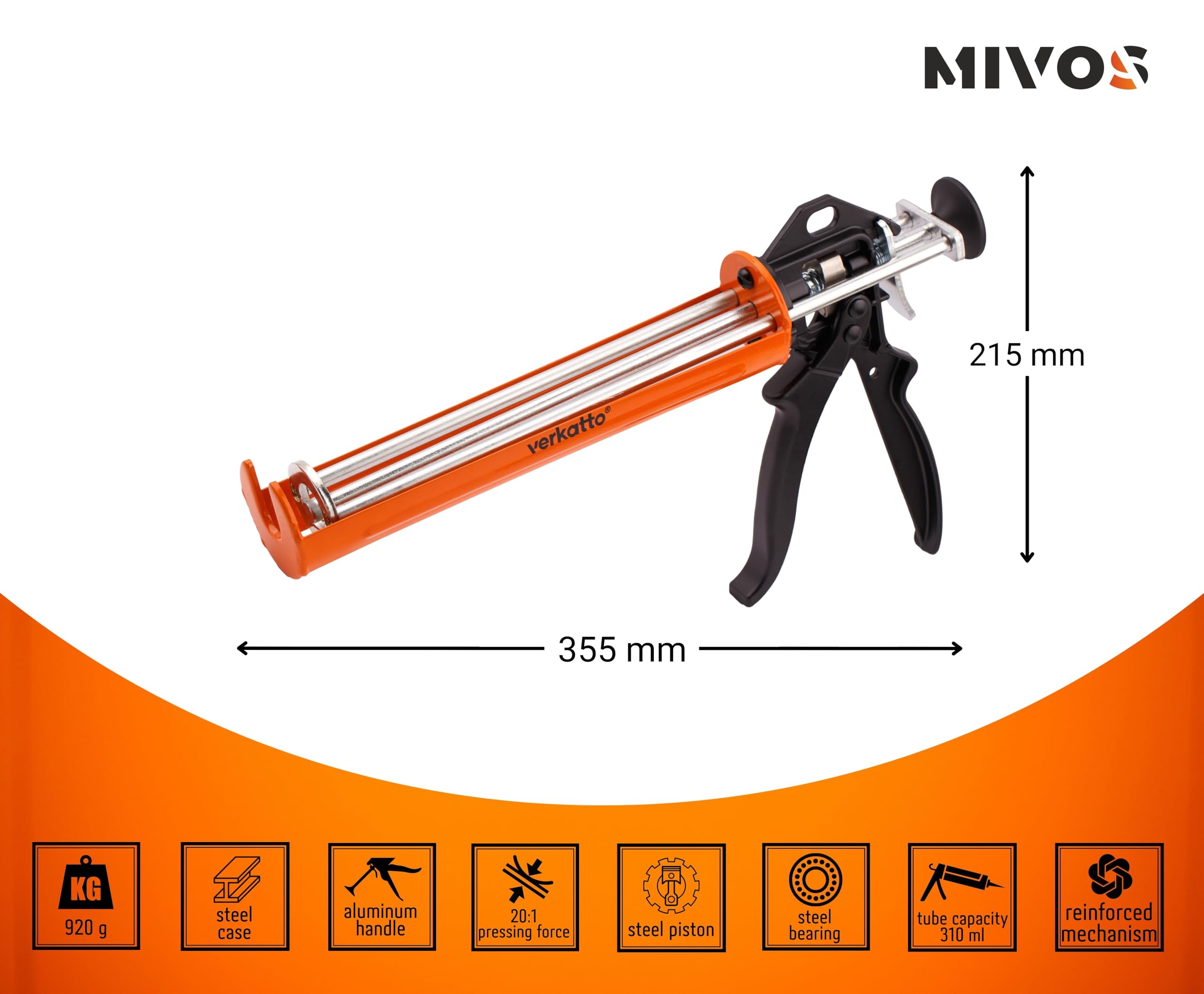 Mivos Pressa per cartucce rinforzata per la lavorazione di tutte le cartucce di tenuta e colla da 310 ml – Pistone a tre barre – Pistola a cartuccia con rapporto di spinta 20:1