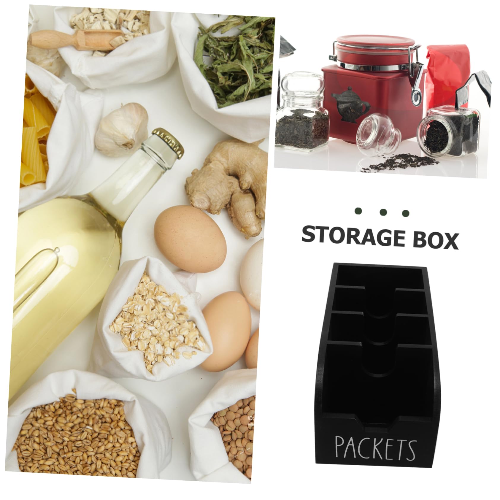 Holz Tee Organizer und Aufbewahrung für Teebeutel Schwarz | Snacks, Gewürztüten und Zuckerbeutel, für Speisekammer und Schrank, Platzsparend und Stabil