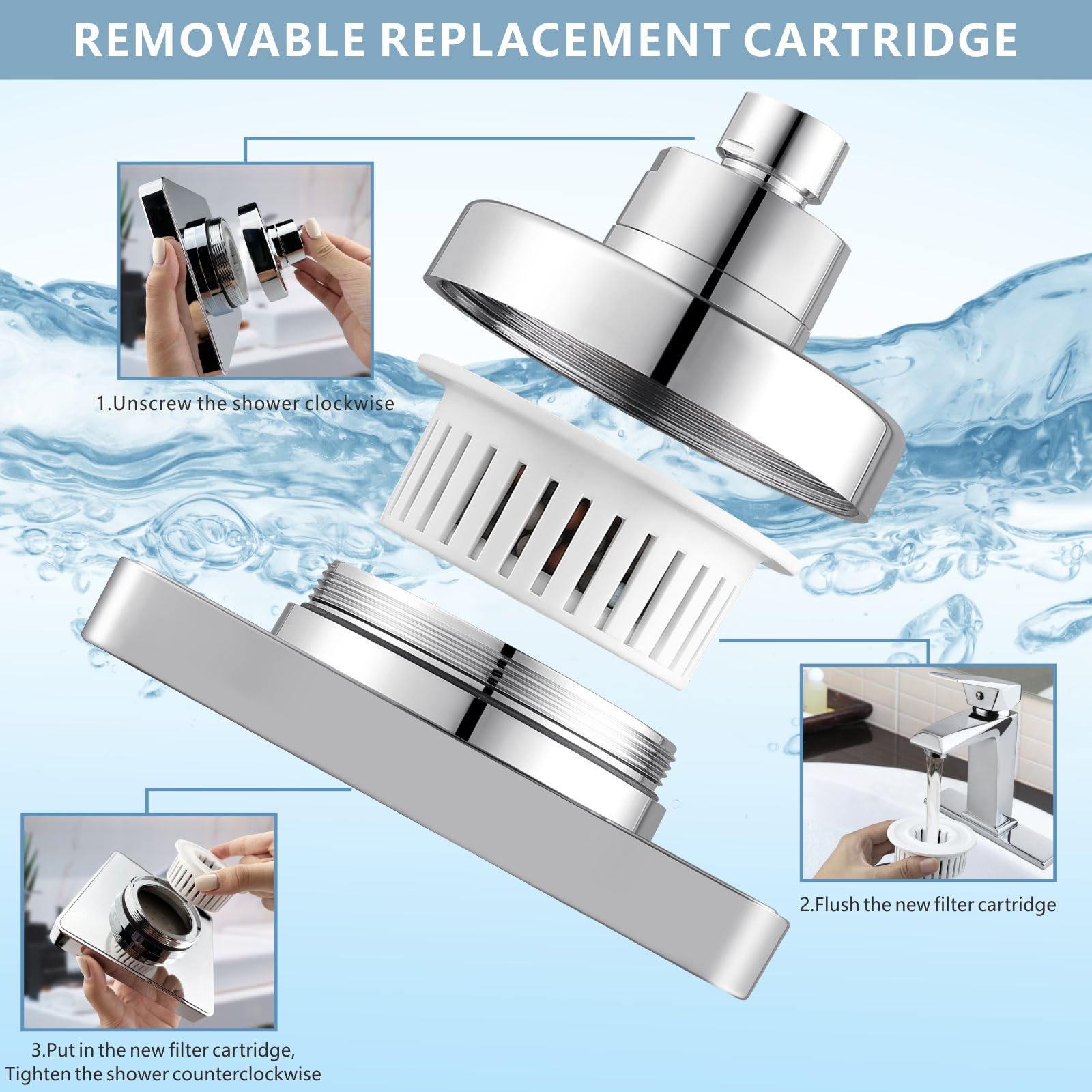 Faibenby Soffione Doccia Filtrante Cromato 12.7 Cm – 8 Gettoni, Filtro Anticloro E Metalli Pesanti