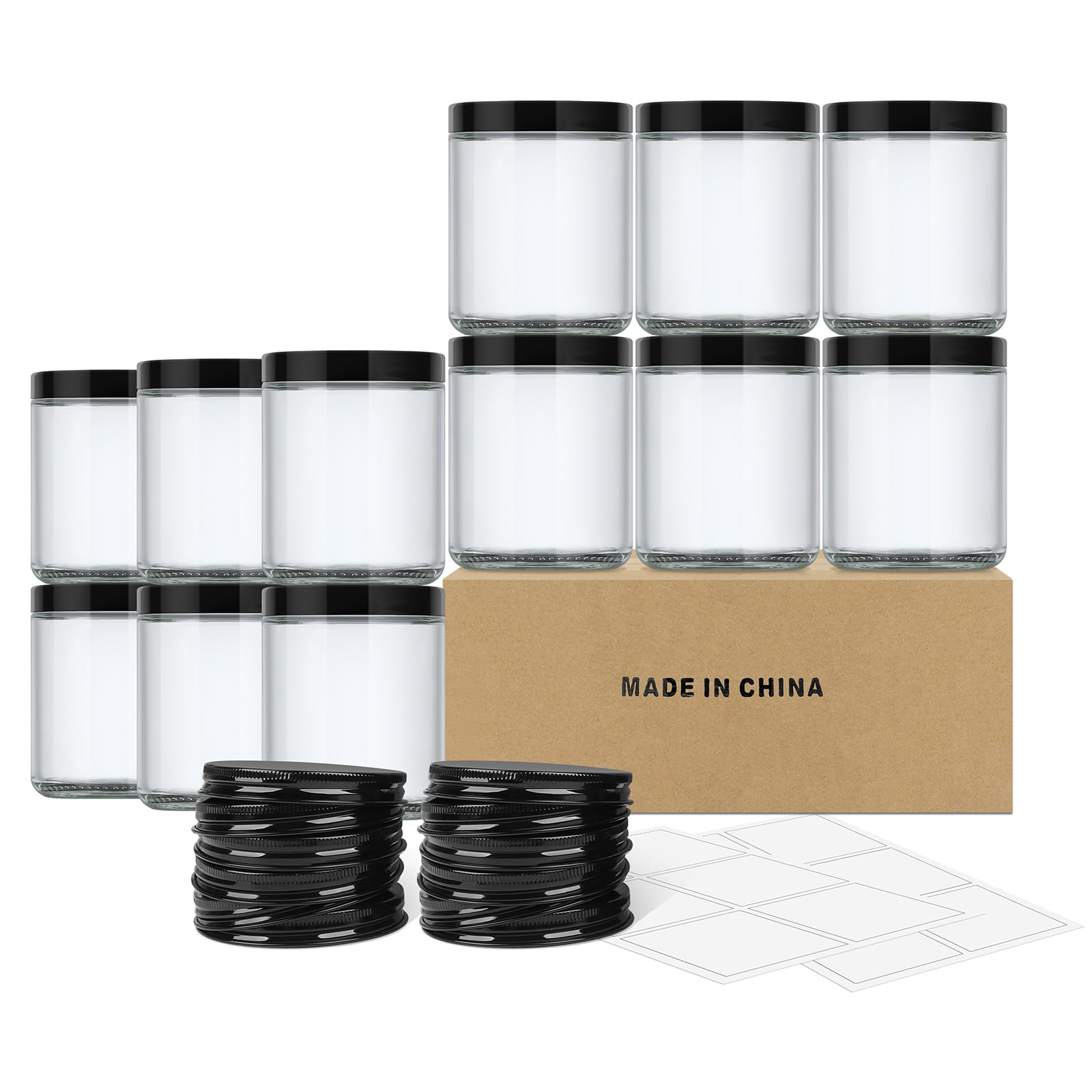 SKYLINK 12Pack 8oz Glass Jars with Plastic & Metal Lids – Clear Round Empty Jars for Candles, Food Storage, Honey, Candy, DIY Crafts, Airtight Mason Jars for Canning & Kitchen Use