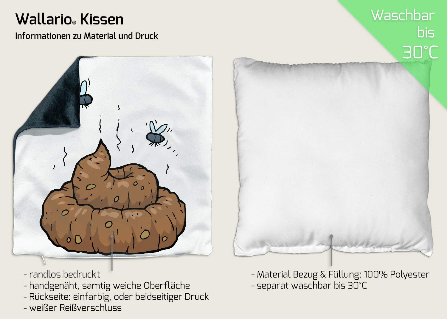 Wallario Dekokissen 30 x 30 cm, Comic Scheißhaufen mit Fliegen, beidseitig Bedruckt, Kuschelkissen mit weicher Plüsch-Oberfläche