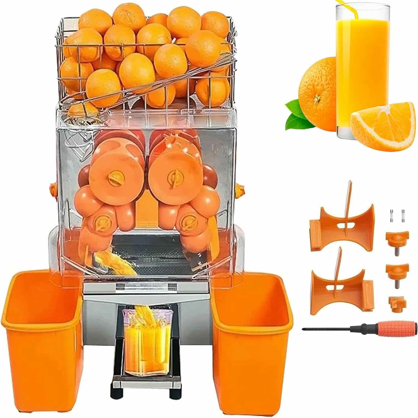 Exprimidor Eléctrico Cítricos - 30 naranjas/minuto en una hora funcionamiento continuo,2 bandejas limpieza barril e-xtraíbles y tapa seguridad PC,Exprimidor automático con separación cáscaras