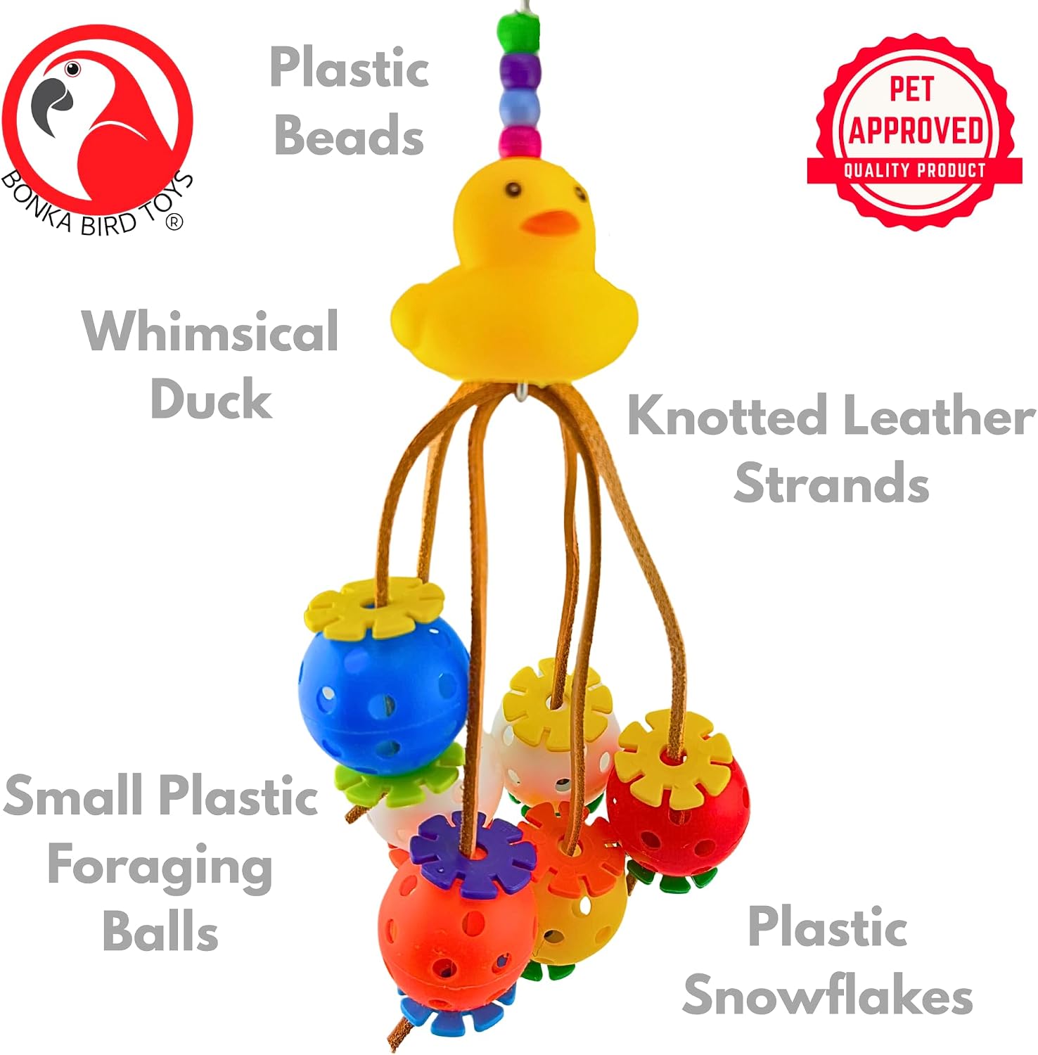 Bonka Bird Toys 2325 Ducky Spyder 9 x 2 Inches Plastic Leather and Acrylic Beads Foraging Climbing Toy for Small Bird Breeds Parakeet Lovebird Cockatiel Parrotlet and Conure Cage Use