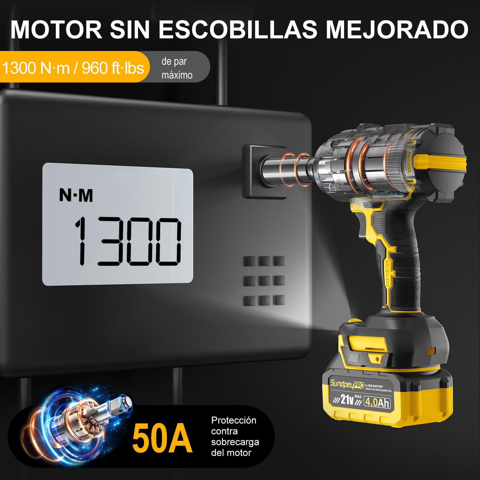 Llave de Impacto Inalámbrica 1300Nm, Pistola de Impacto Bateria 1/2" con 2 Baterías 4.0Ah, Motor Brushless, 3 Velocidades + Modo RSS, Maletín y 6 Enchufes, para Mecánica, Construcción & Bricolaje