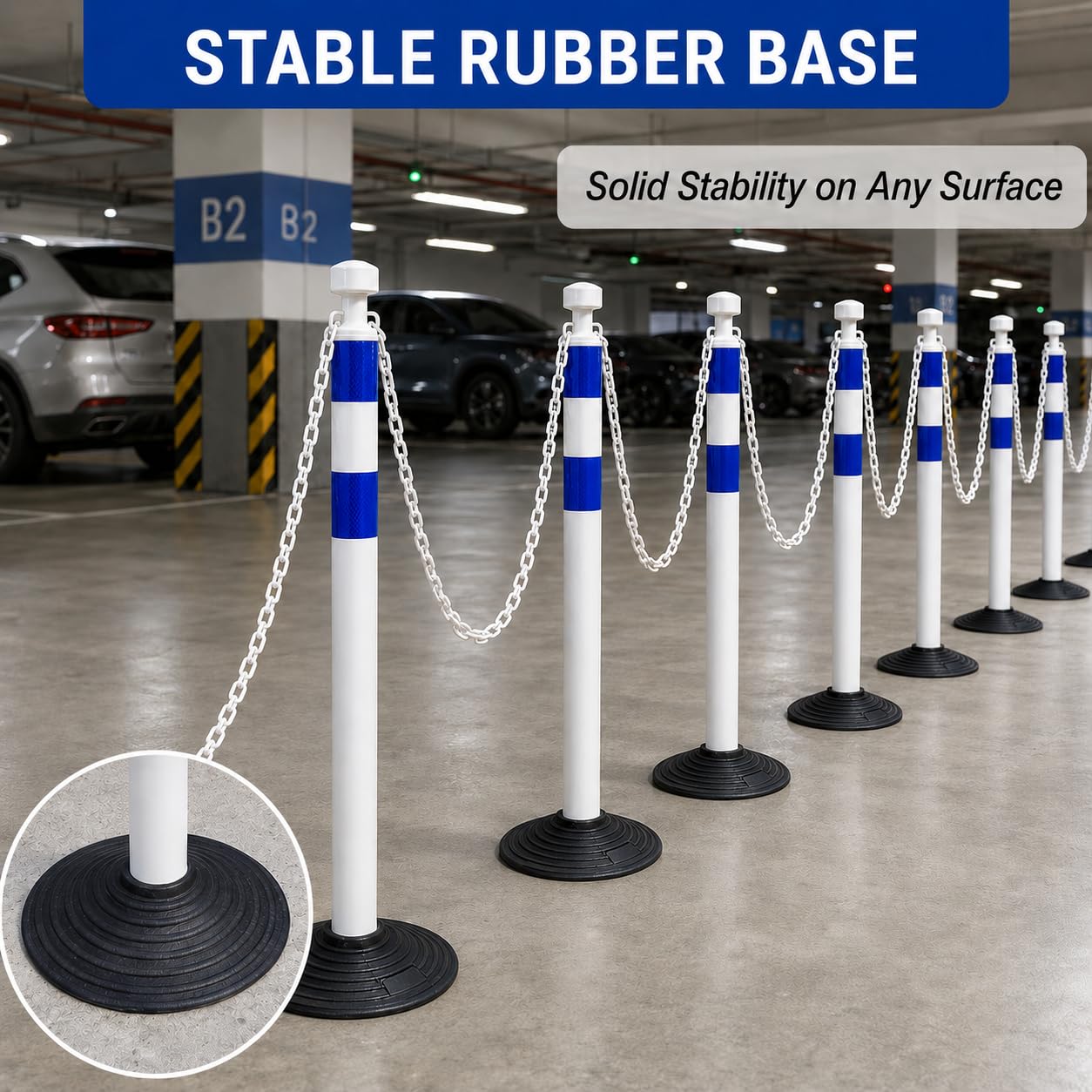 Set de 6 postes de seguridad de 99,6 cm con cadenas de plástico de 2 m, portátiles, para delimitación de áreas, obras, parkings y eventos (Blanco y azul)