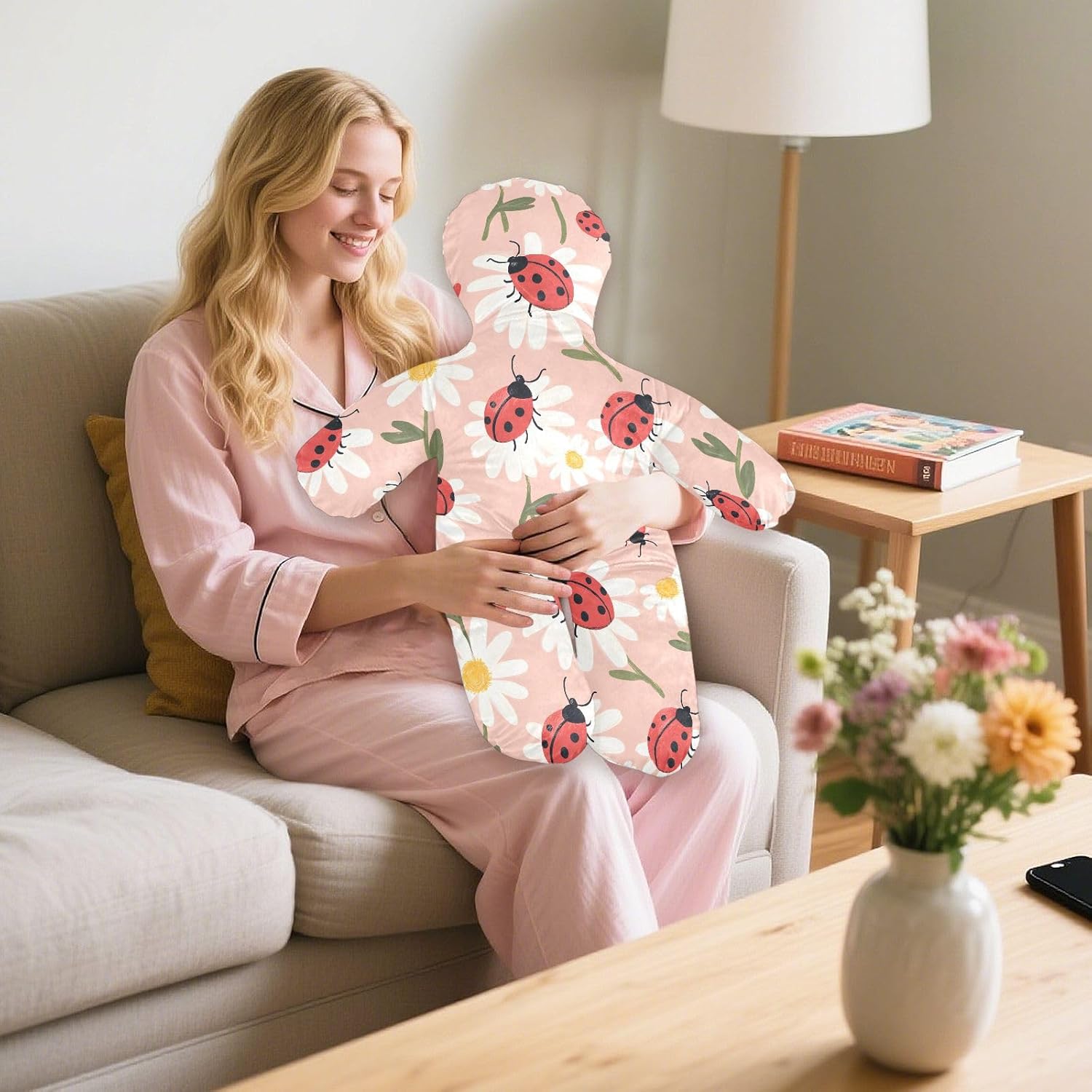Ladybugs and Daisies Human-Shaped Pillow Soft Body Pillows Washable Velvet Pillows for Anxiety Relief Sleeping Cuddling & Support