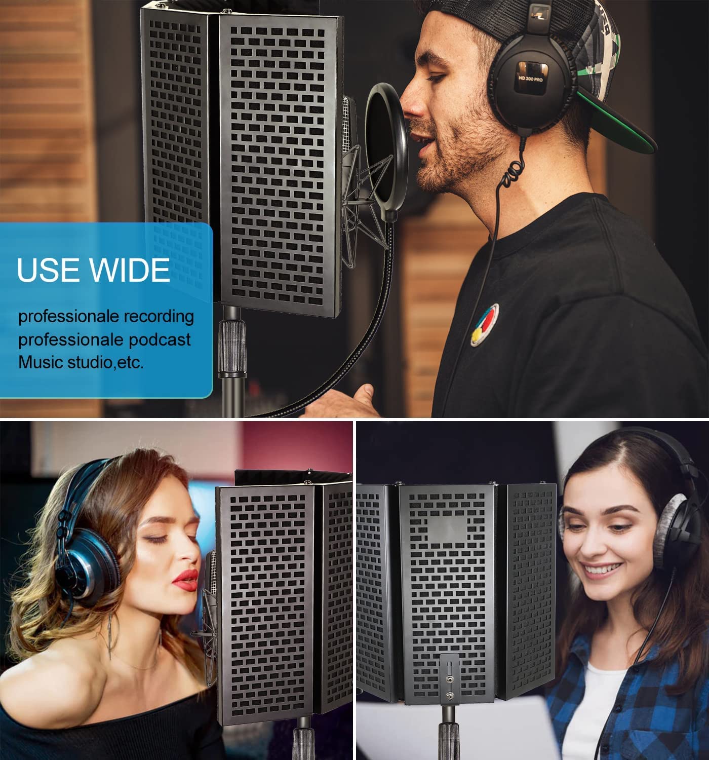 DEVICE OF URBAN INFOTECH Dual Microphone Stand with 3 Panel Isolation Shield,Sound Proof Foam Vocal Booth Adjustable Mic Stand with 2 Mic Clip Holder Reflection Filter for Mic with Stand 4