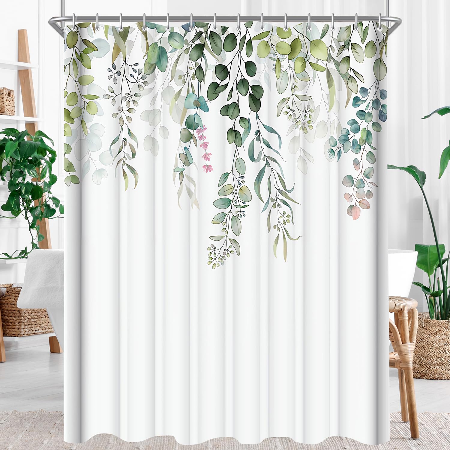 Lerores shower curtain 240x200cm (96x79 inch) Green Leaves Pattern, Weighted Hem Anti-Mold Textile, Water-Repellent