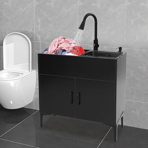 Miniatura 8 de Fregadero de lavandería de 30 pulgadas con gabinete y grifo rociador extraíble, gabinete de fregadero de cocina de acero inoxidable con cesta de