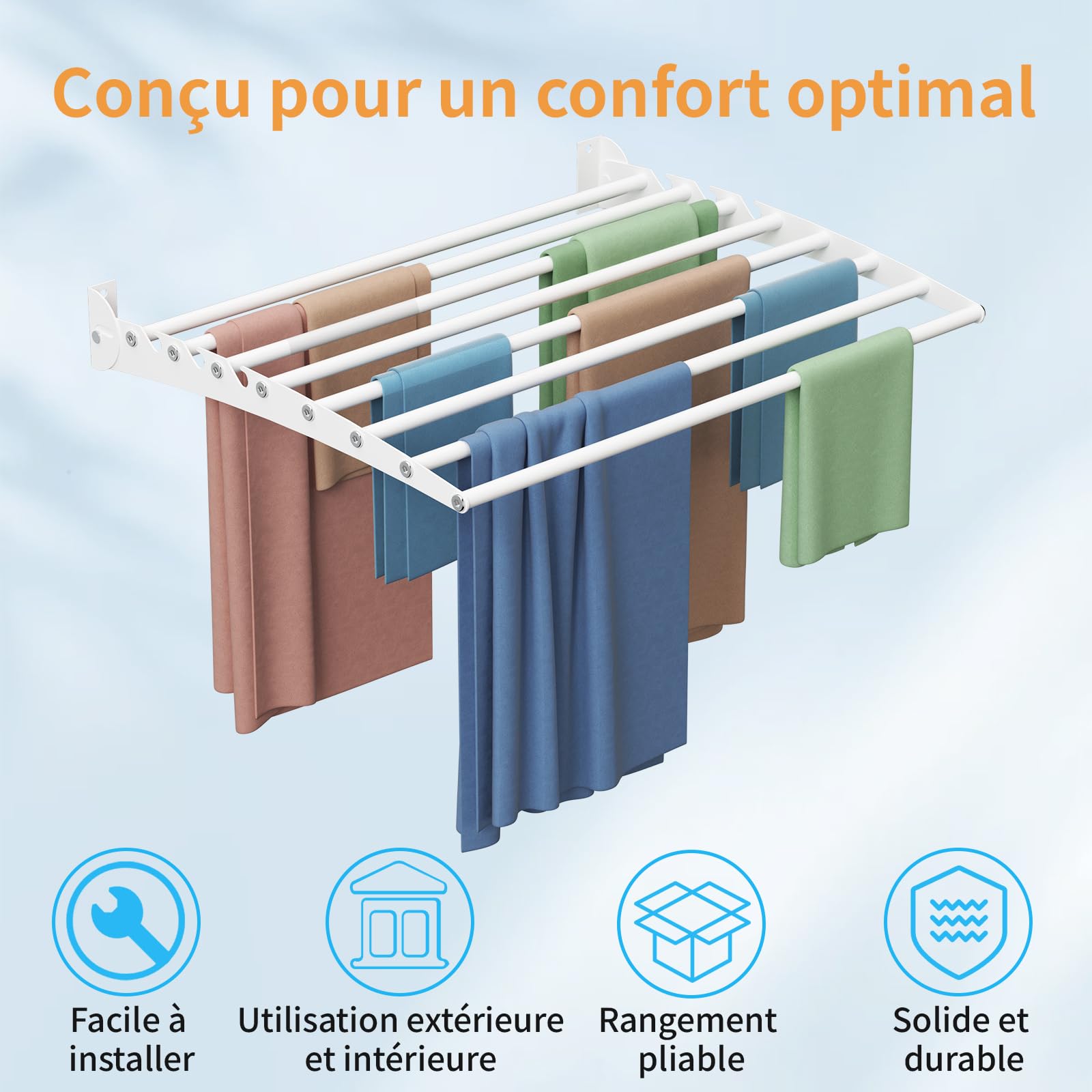 Innotic Etendoir Linge Mural Pliable, Séchoir à Linge Gain de Place, Métal Sèche Linge pour Interieur et Extérieur, Balcon, Salle de Bain, 8 Barres de 60 cm