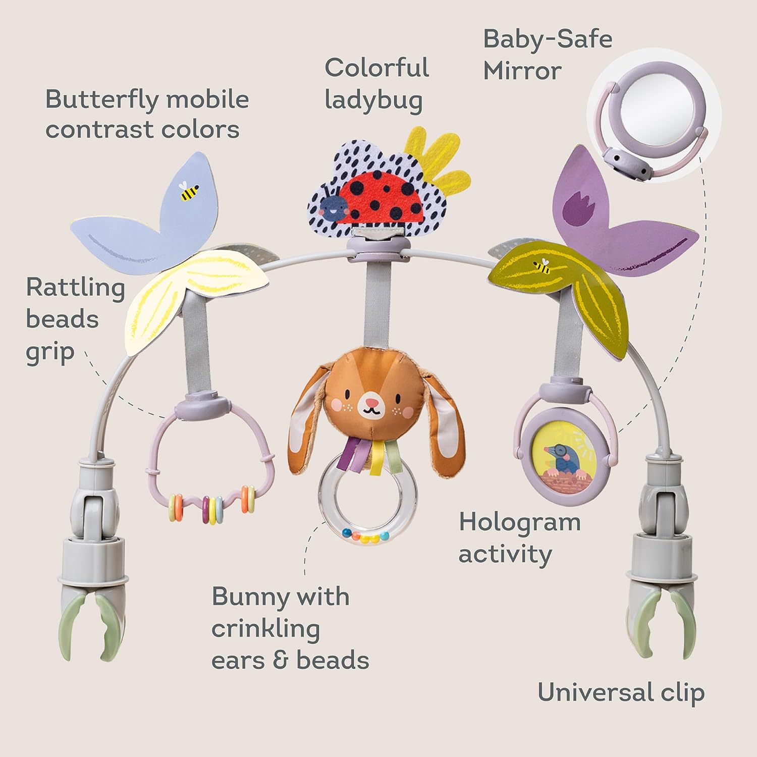 Taf Toys Baby Activity Arch, Stroller and Car Seat Toy Attachment with Rattling Beads Maze and Double-Sided Spinning Mirror, Ideal for Baby’s Fine Motor Skills Development, 0-12 Months