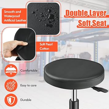 Adjustable Mechanic Rolling Stool, Pneumatic Rolling Stool with Wheels, Tool Storage Tray & Padded Seat Cushion, Garage Stool Chairs Creeper Seat (Red)