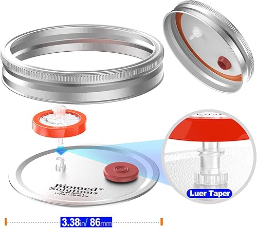 Miniatura 2 de 6 tapas de cultivo líquido de boca ancha, tapa de frasco de cultivo de grano dividido con filtro de jeringa de PTFE de 0.22 um y puertos de