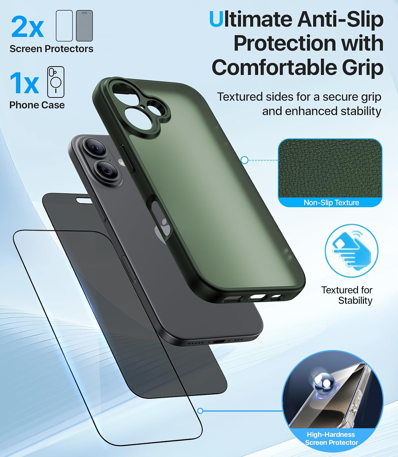 3 in 1 for iPhone 17 Case, [Non-Slip Sides] [Military-Grade Drop Protection] [Full Camera Protection] Shockproof Slim Phone Case for iPhone 17, with 2 * Screen Protector, ForestGreen