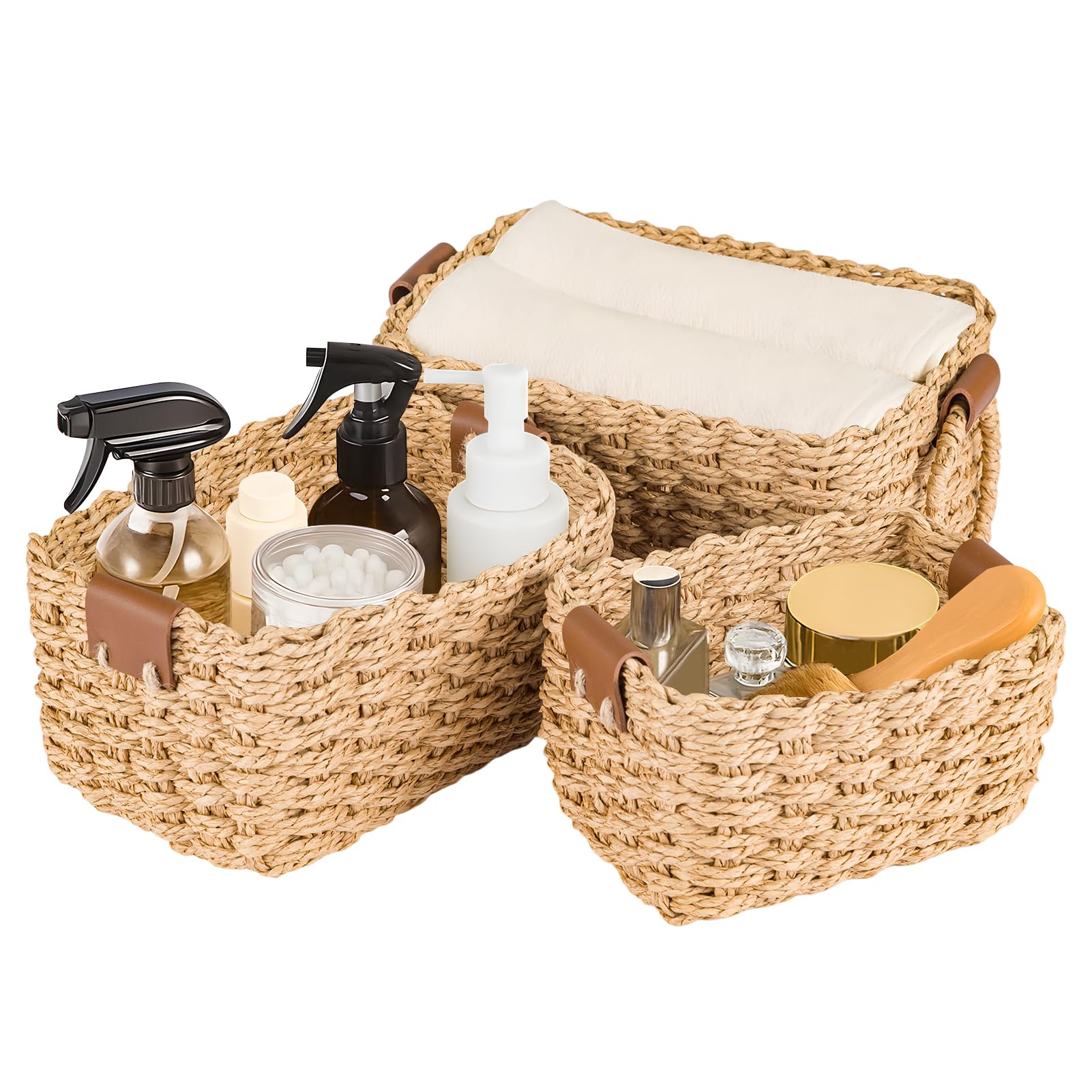 SUNNYNEST Storage Basket 3 Packs Small Woven Rope Baskets 25x22x13.5cm Woven Organizers for Books, Toys, or Decorative Organizer Cube Decorative Box (Yellow)