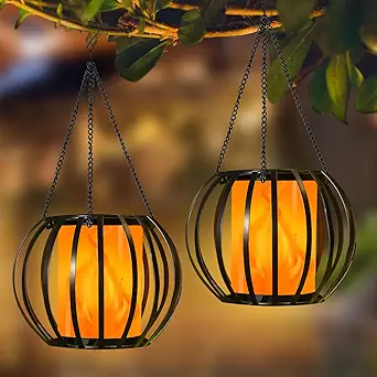 Solar Lanterns Outdoor Flickering Flame, Solar Lights Outdoor Hanging Waterproof, LED Metal Flame Lantern for Outside, Solar Tree Lanterns for Garden, Patio, Yard, Pathway Decor, 2 Pack.
